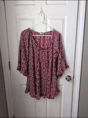 Roxy Red Geometric Boho Ruffle Sleeve Tunic